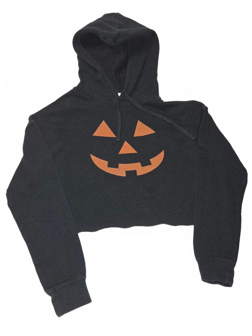 Independent Trading Company Black Cropped Hoodie with Pumpkin Face Print Size S
